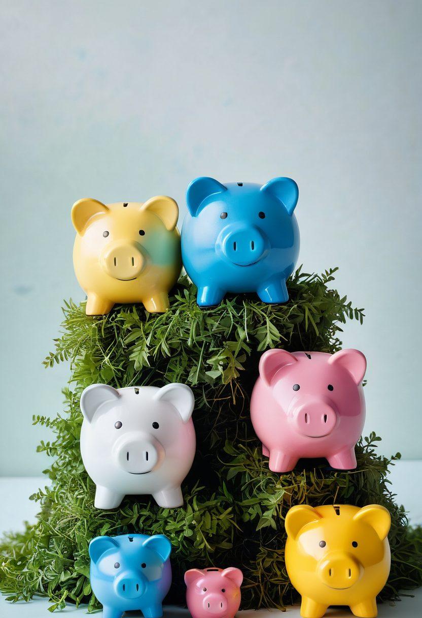 A visually appealing stack of colorful piggy banks, each representing different savings goals like vacation, emergency fund, and retirement. Surrounding them are tools for financial wellness such as a calculator, credit reports, and a notepad with tips written on it. The background features a calming gradient of greens and blues that symbolize growth and stability. super-realistic. vibrant colors. white background.