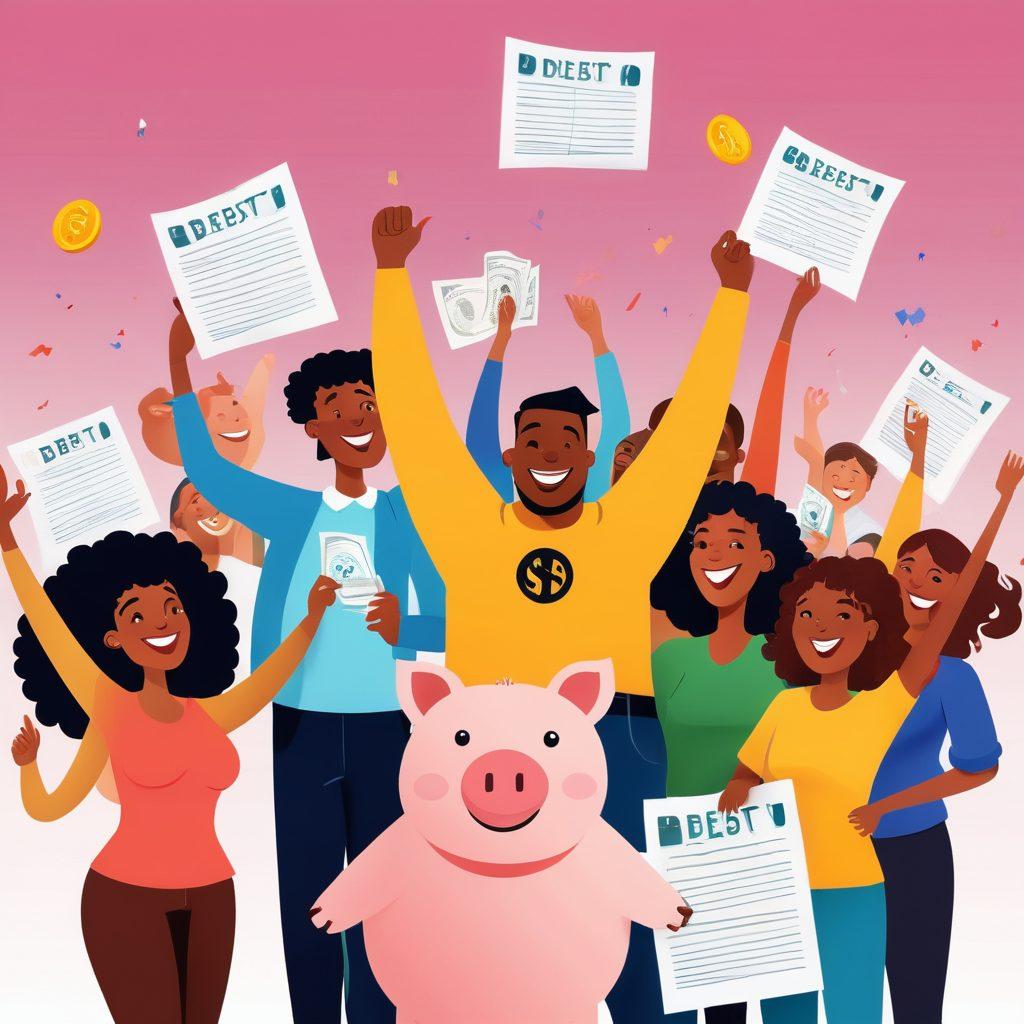 A dynamic scene depicting a diverse group of people joyfully celebrating their financial freedom, holding up papers labeled 'Debt Free' against a vibrant backdrop of rising graphs and dollar signs. The atmosphere should be uplifting, symbolizing empowerment and hope. Include elements like a piggy bank, coins, and financial tools scattered around to emphasize financial literacy. bright colors. modern illustration.